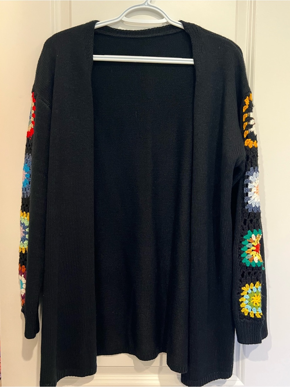 SHEIN Black Open-Front Cardigan with Colorful Crochet Sleeve Squares